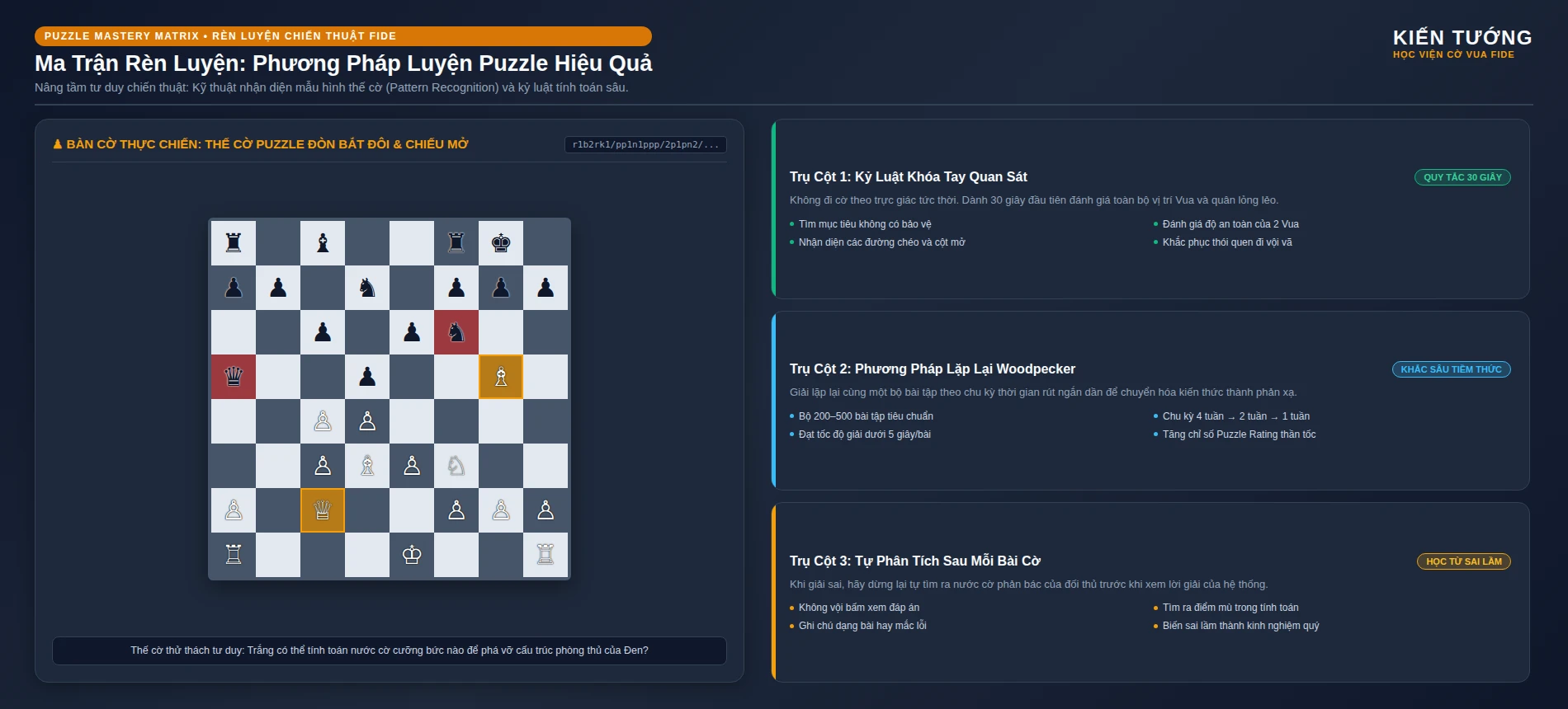 Bàn cờ chiến thuật và ma trận rèn luyện puzzle cờ vua chuẩn FIDE